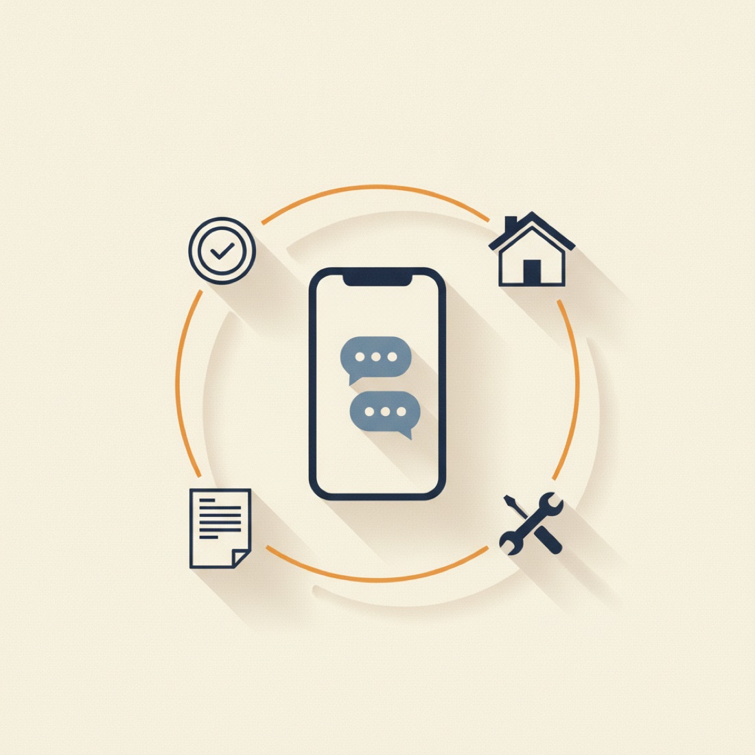 A phone at the center of a loop that flows through a house, a set of tools, an invoice, and a completed payment.