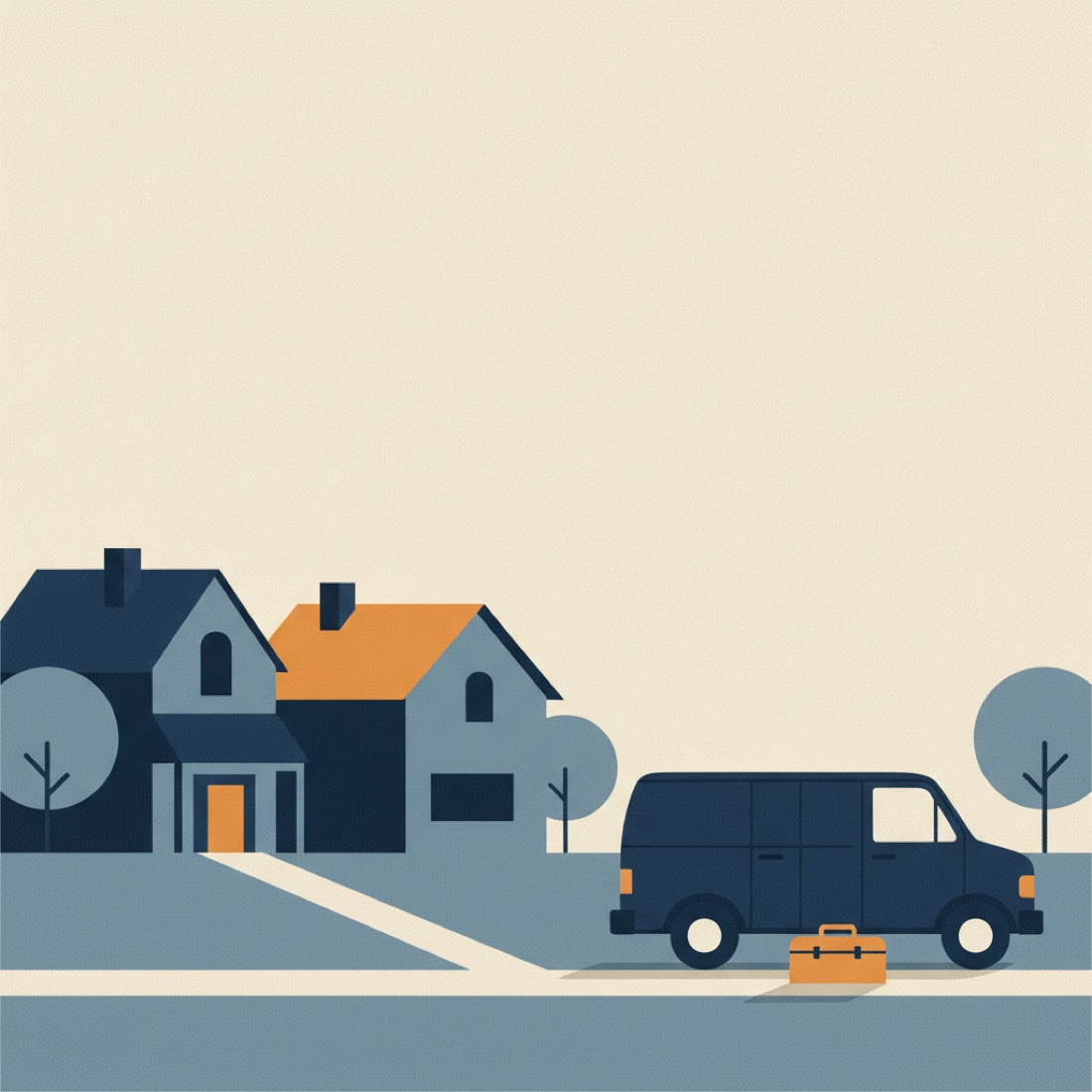 A quiet Northeast Ohio street with two houses, a parked work van, and a toolbox on the curb.
